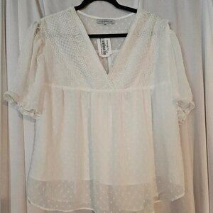 Miss Sparking White Summer Swiss Dot Sheer White Boho Blouse NWT XL